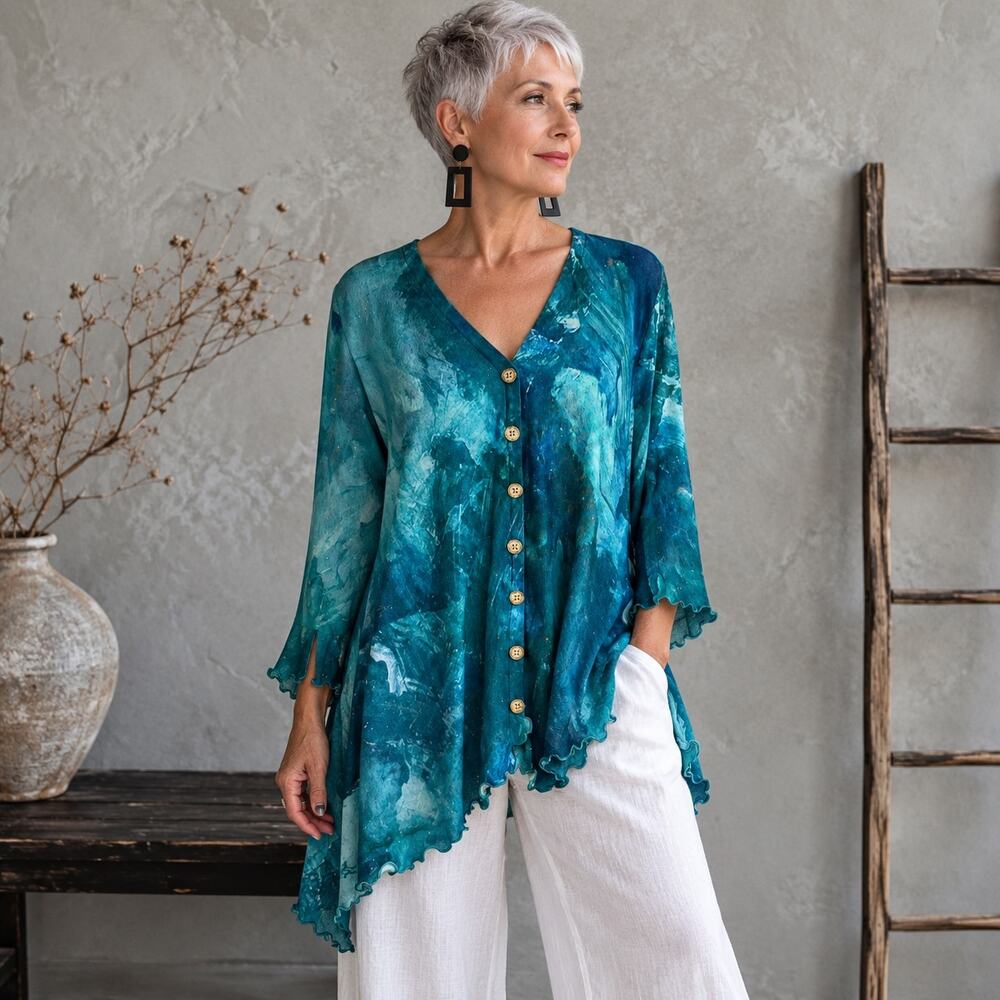 Soft surroundings green blue knit Long Sleeve Button top 1x